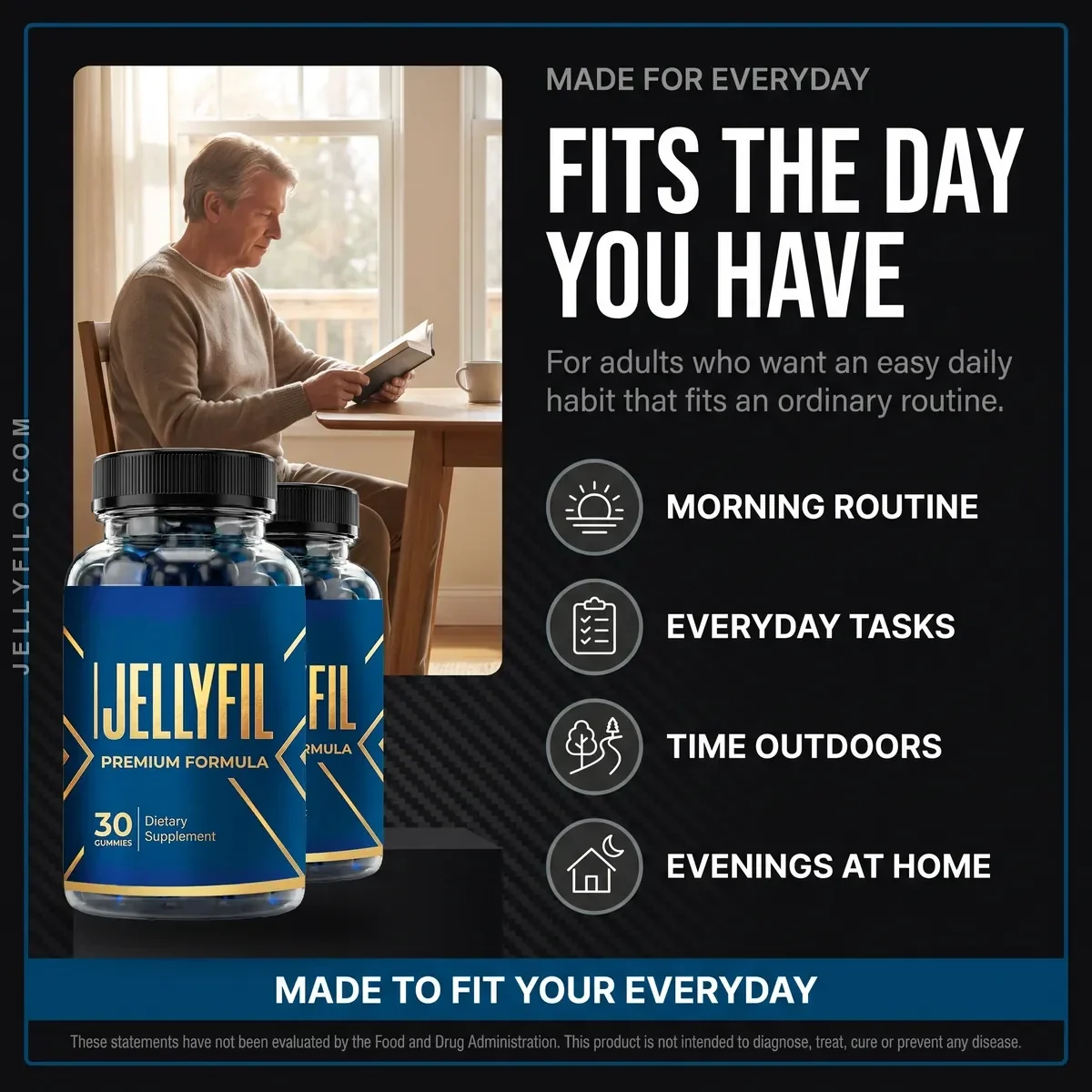 JellyFil listing artwork, who it is for, showing a man reading at a table beside four everyday-use icons
