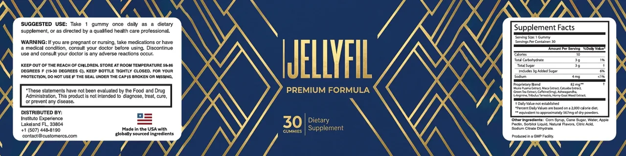 The flat JellyFil label artwork: suggested use and warning on the left, the brand panel in the middle, the Supplement Facts box on the right